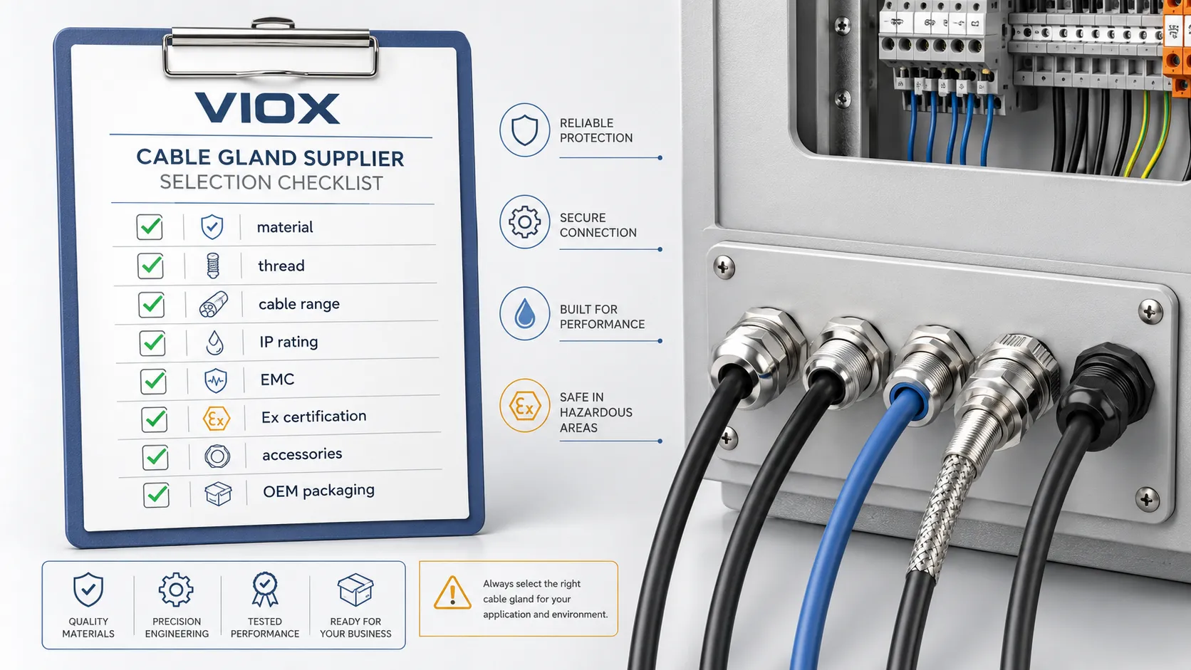 Cable gland supplier selection checklist covering IP rating, EMC, Ex certification, material, and accessories.