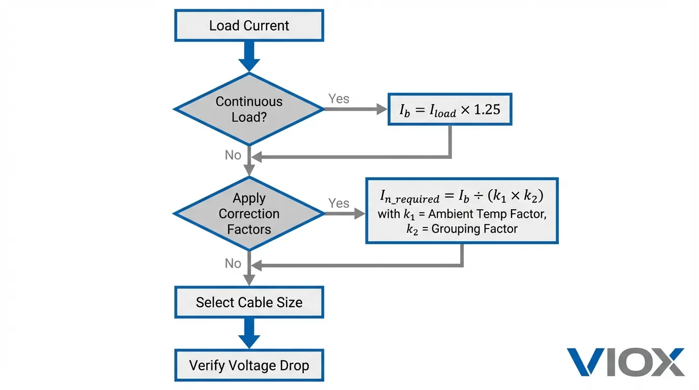 Bagan alur perhitungan ukuran kabel yang menunjukkan penerapan rumus langkah demi langkah sesuai IEC 60204-1