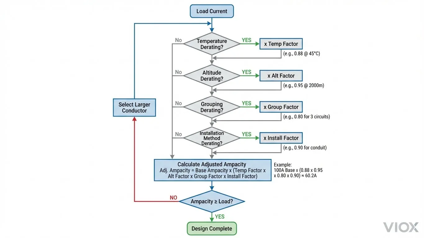 کیبل سائزنگ حساب کا فلو چارٹ جو NEC اور IEC معیارات کے مطابق درجہ حرارت، اونچائی اور گروپ بندی ڈیریٹنگ فیکٹرز کے منظم اطلاق کو ظاہر کرتا ہے