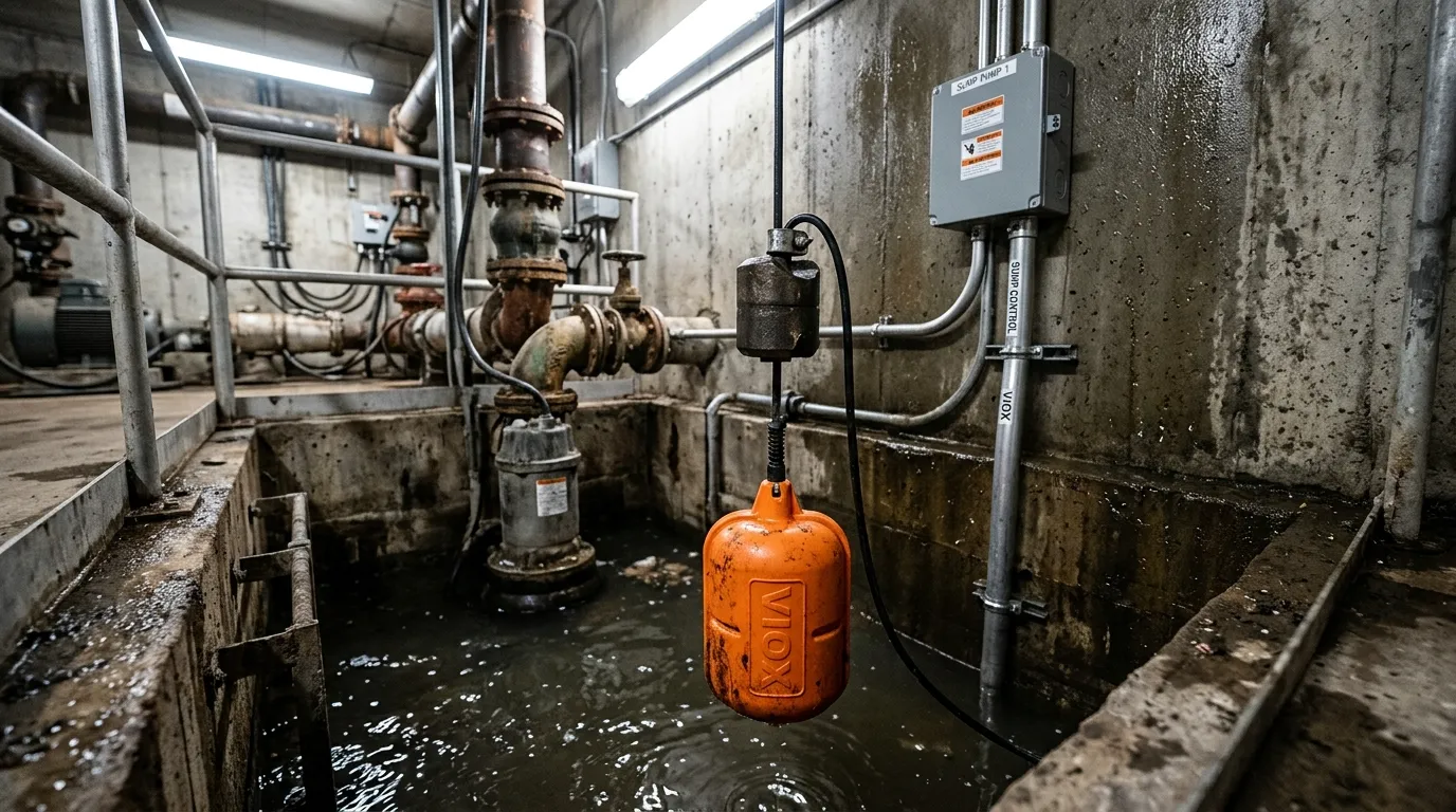 Cable-suspended float switch with VIOX logo installed in an industrial concrete sump pit for automatic pump control