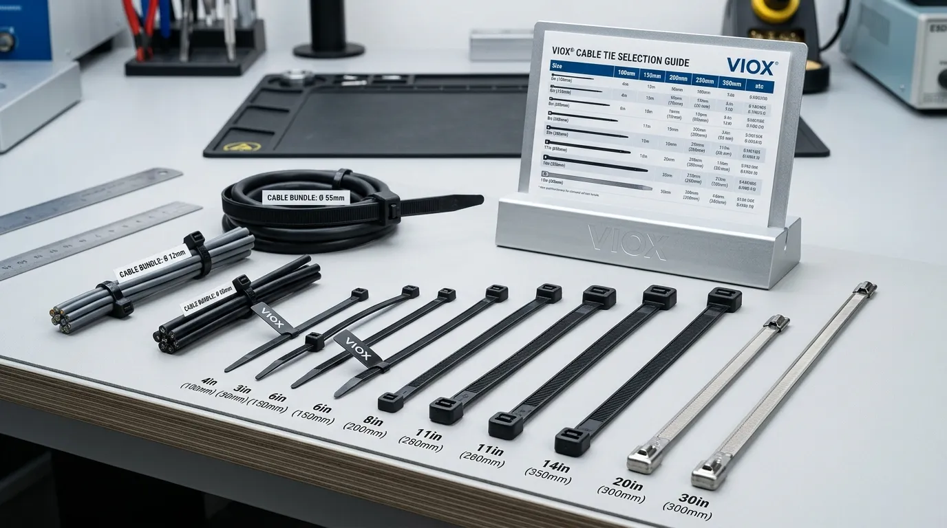 Cable tie size chart photo showing different lengths widths and bundle sizes