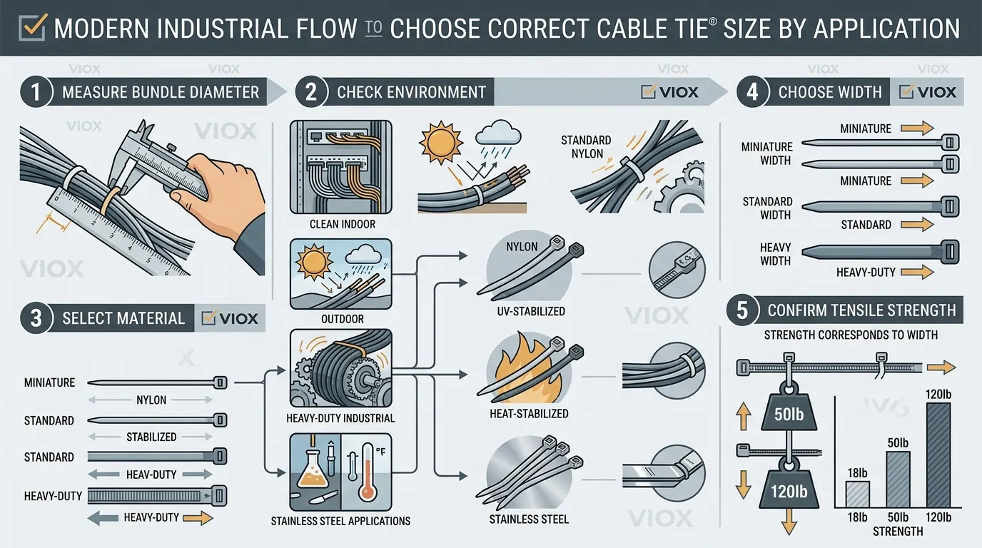 Cable tie size selection checklist infographic for electrical and industrial applications