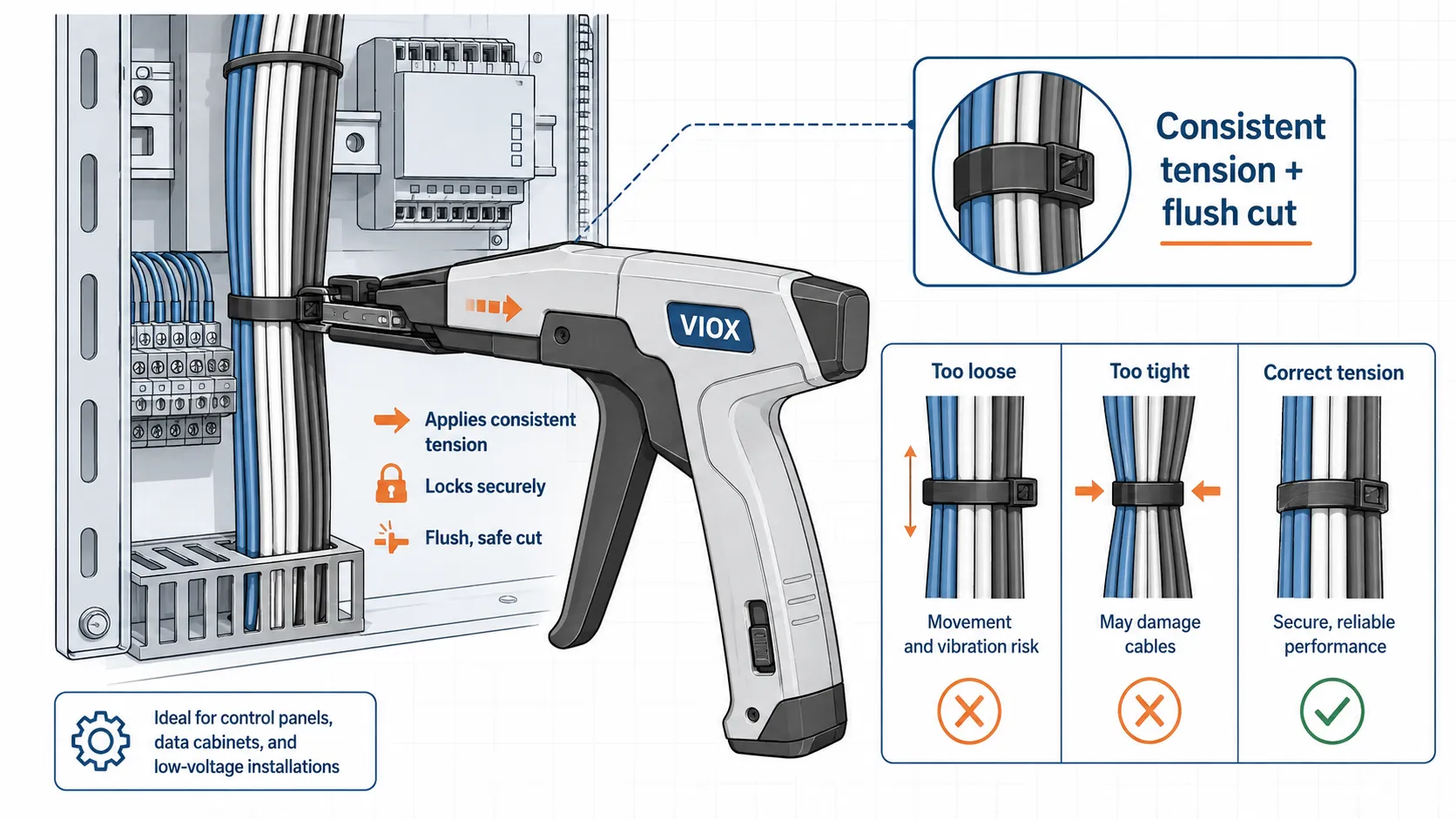 Cable tie tensioning tool ensuring consistent tension and flush cut in industrial panel wiring