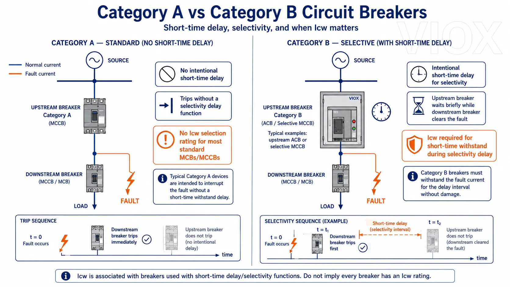 Category A versus Category B circuit breaker diagram showing when Icw short time withstand current is required for selectivity