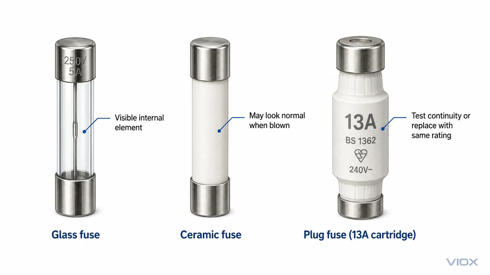 Ceramic fuse and plug fuse inspection diagram showing why continuity testing is needed.