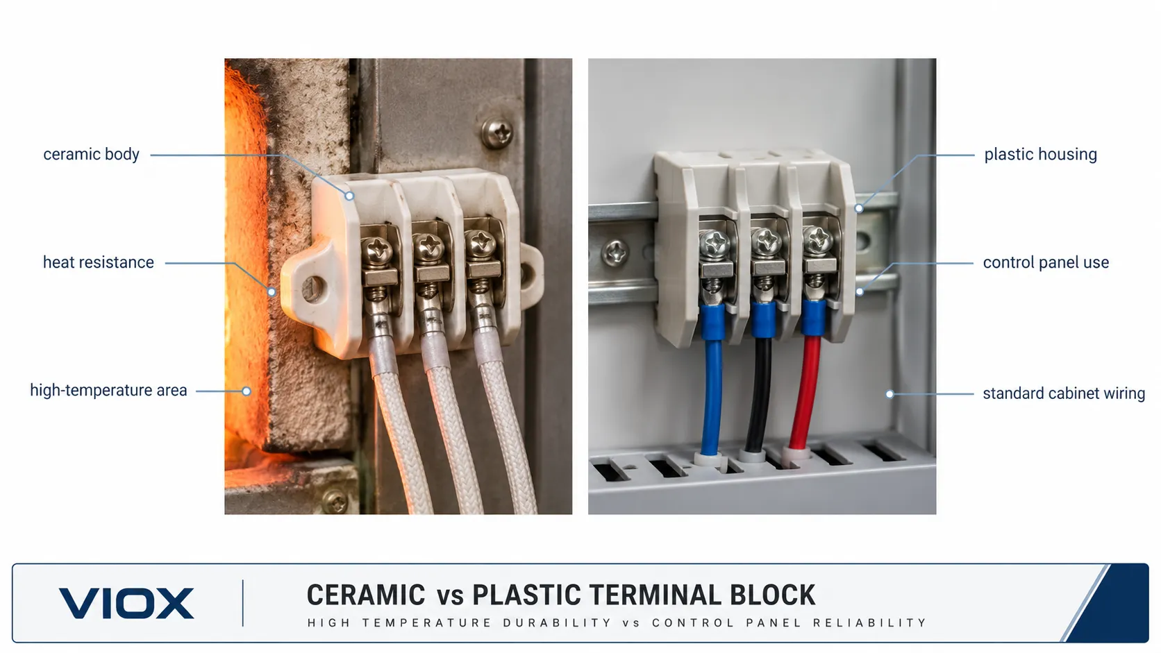 Ceramic terminal block compared with a plastic terminal block for high-temperature wiring.