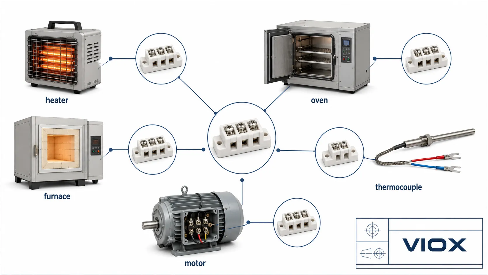 Ceramic terminal block used for heater, oven, furnace, thermocouple, and motor wiring applications.