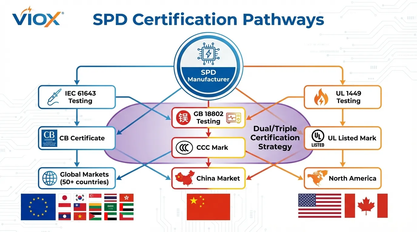 Percorsi di certificazione dei limitatori di sovratensione VIOX che mostrano il riconoscimento reciproco degli standard IEC, UL e GB