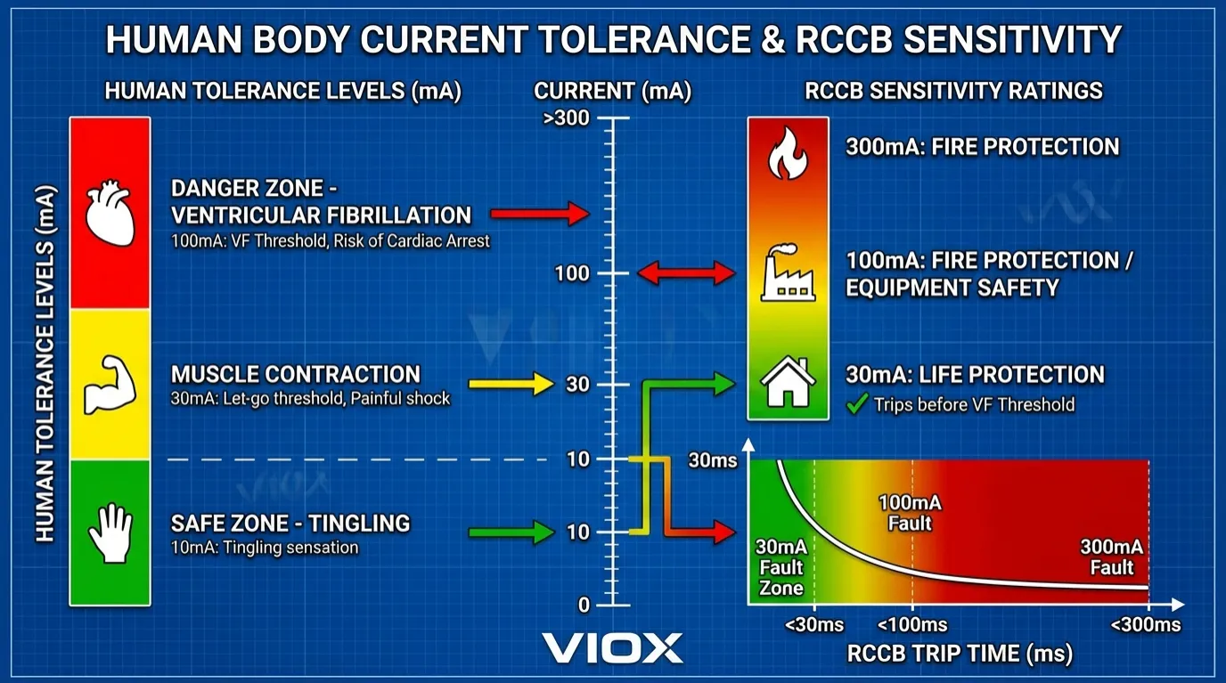 Diagram, amely összehasonlítja az emberi áramtűrést a VIOX RCCB érzékenységével