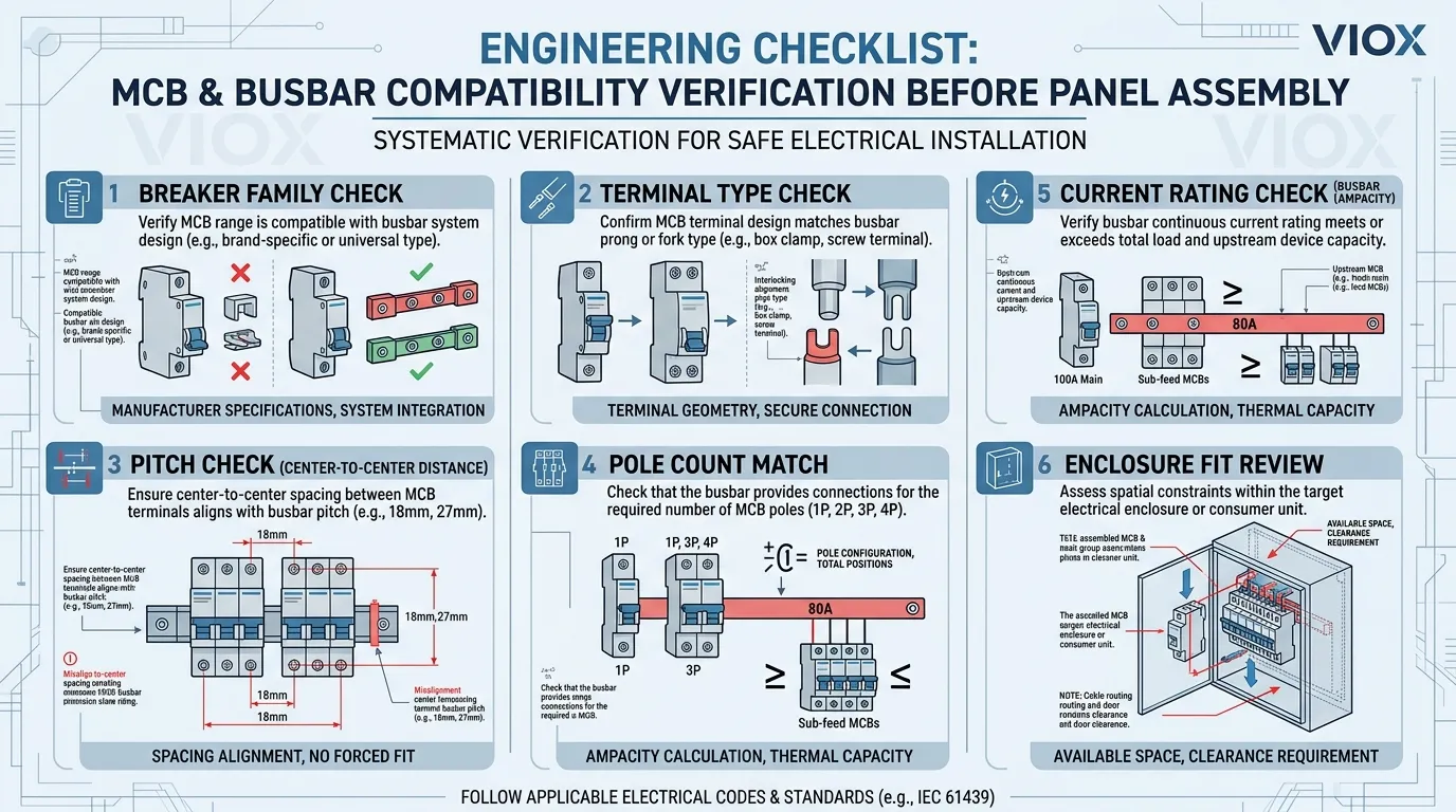 Checklist infographic for verifying MCB busbar compatibility before installation