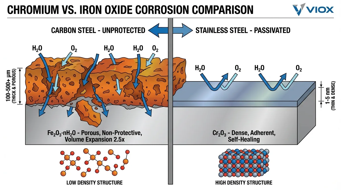 مخطط مقارنة لصدأ أكسيد الحديد المسامي مقابل فيلم أكسيد الكروم السلبي الكثيف