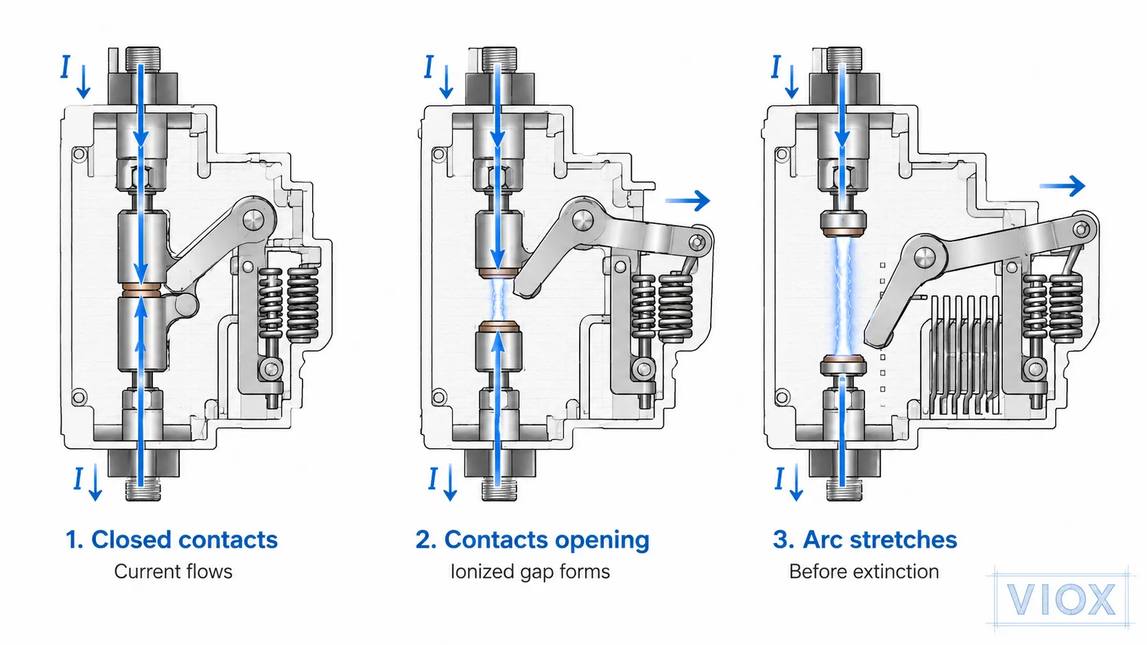 Circuit breaker arc formation diagram showing contacts opening and ionized arc path.