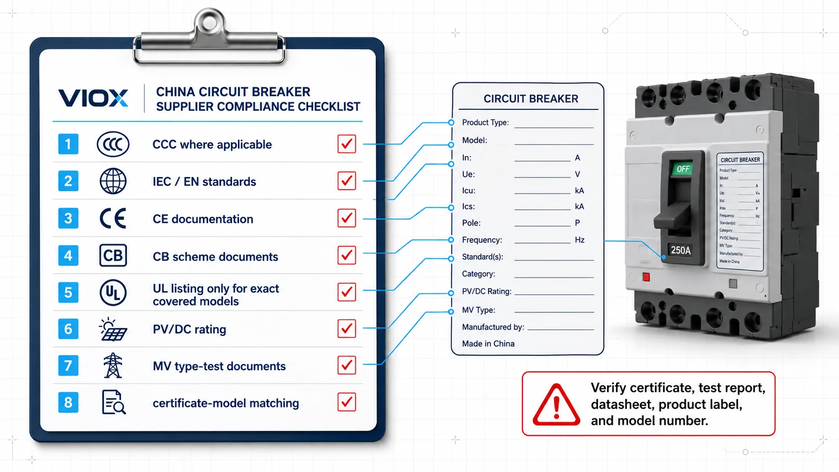 Circuit breaker certification verification checklist for China suppliers including CCC, IEC, EN, CE, CB, UL, and model matching.