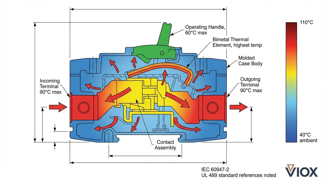 IEC 60947規格に基づくVIOX回路ブレーカーの温度ゾーンと熱の流れを示す技術図
