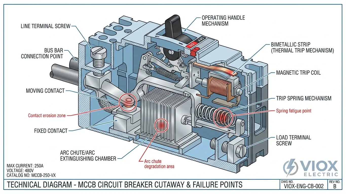 Schéma en coupe des composants internes du disjoncteur montrant les points de défaillance courants - VIOX Electric