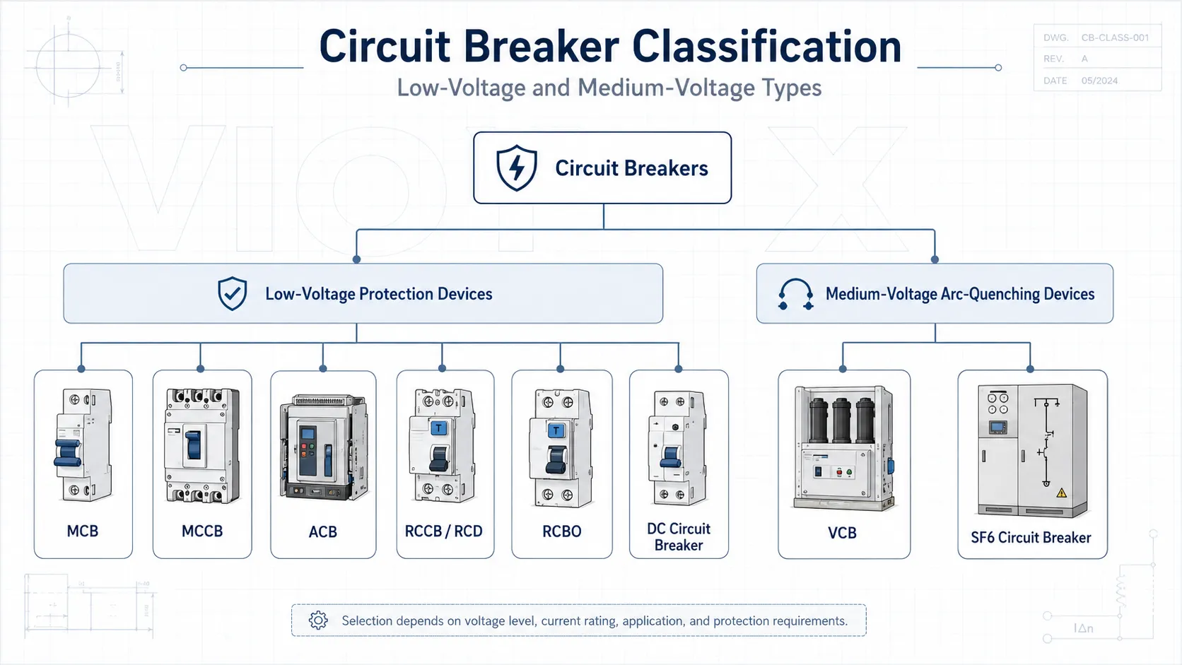 Circuit breaker type classification tree by protection function and voltage application.