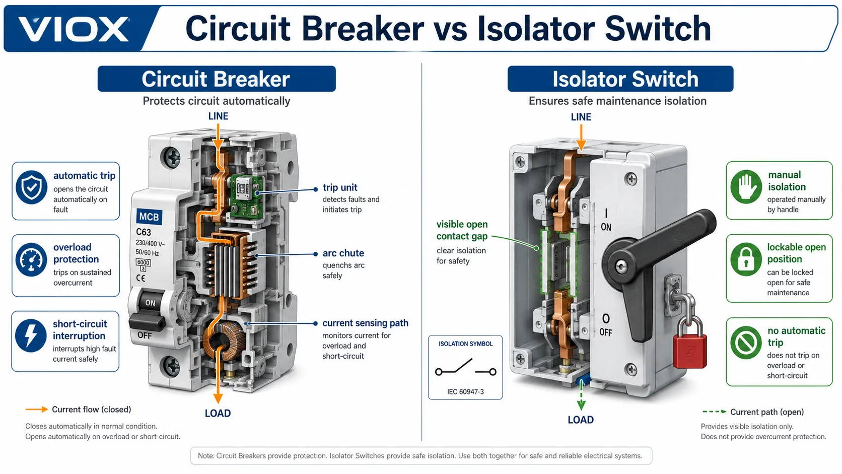 Circuit breaker vs isolator switch comparison showing protection fault interruption manual isolation and lockout functions