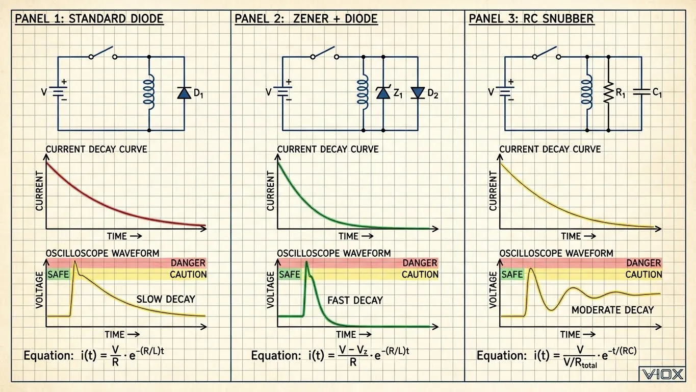 Διαγράμματα κυκλωμάτων που συγκρίνουν τρεις μεθόδους καταστολής πηνίου με κυματομορφές τάσης και ρεύματος