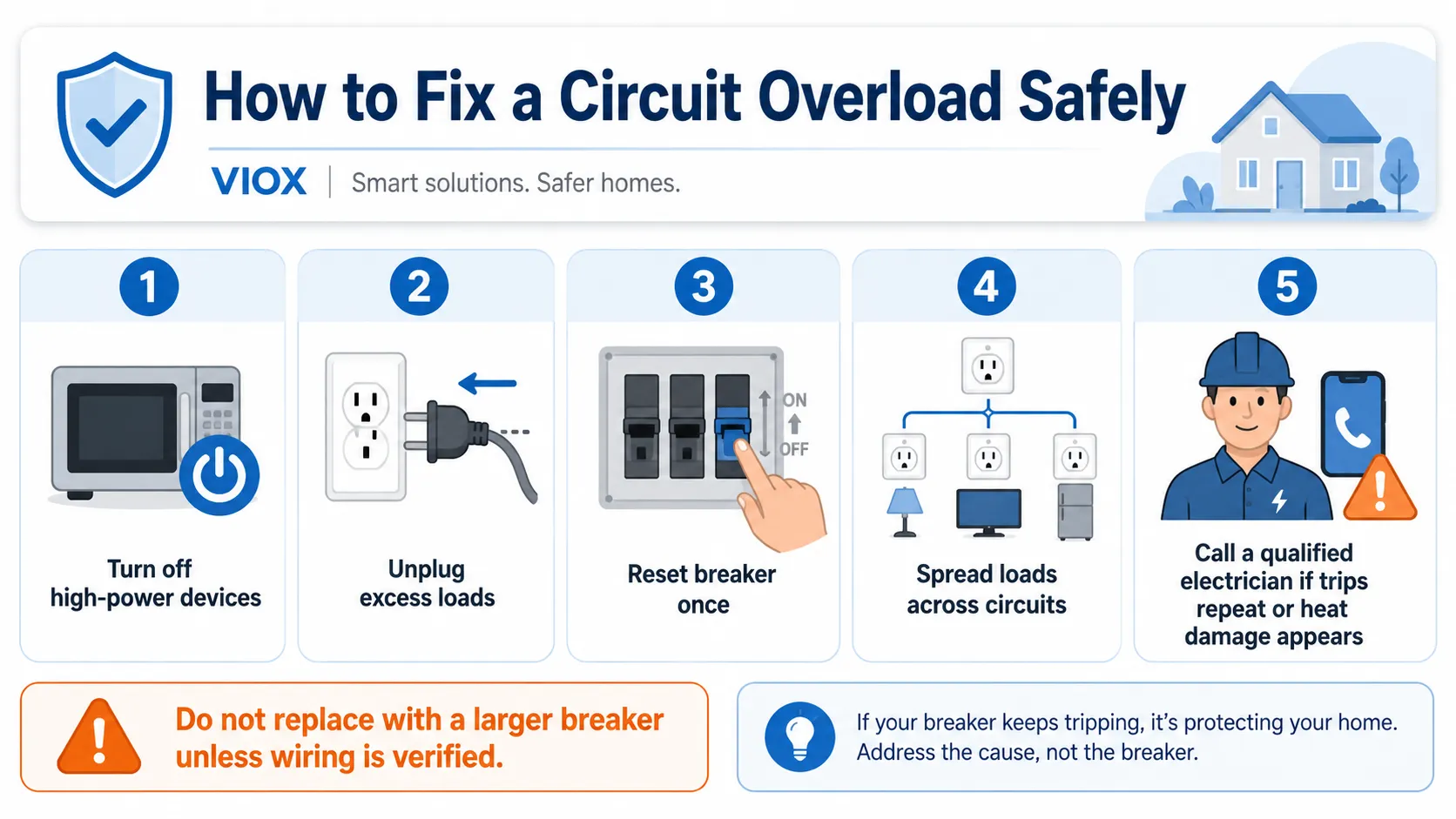 Circuit overload fix checklist showing unplug loads, reset breaker once, and call electrician if trips repeat