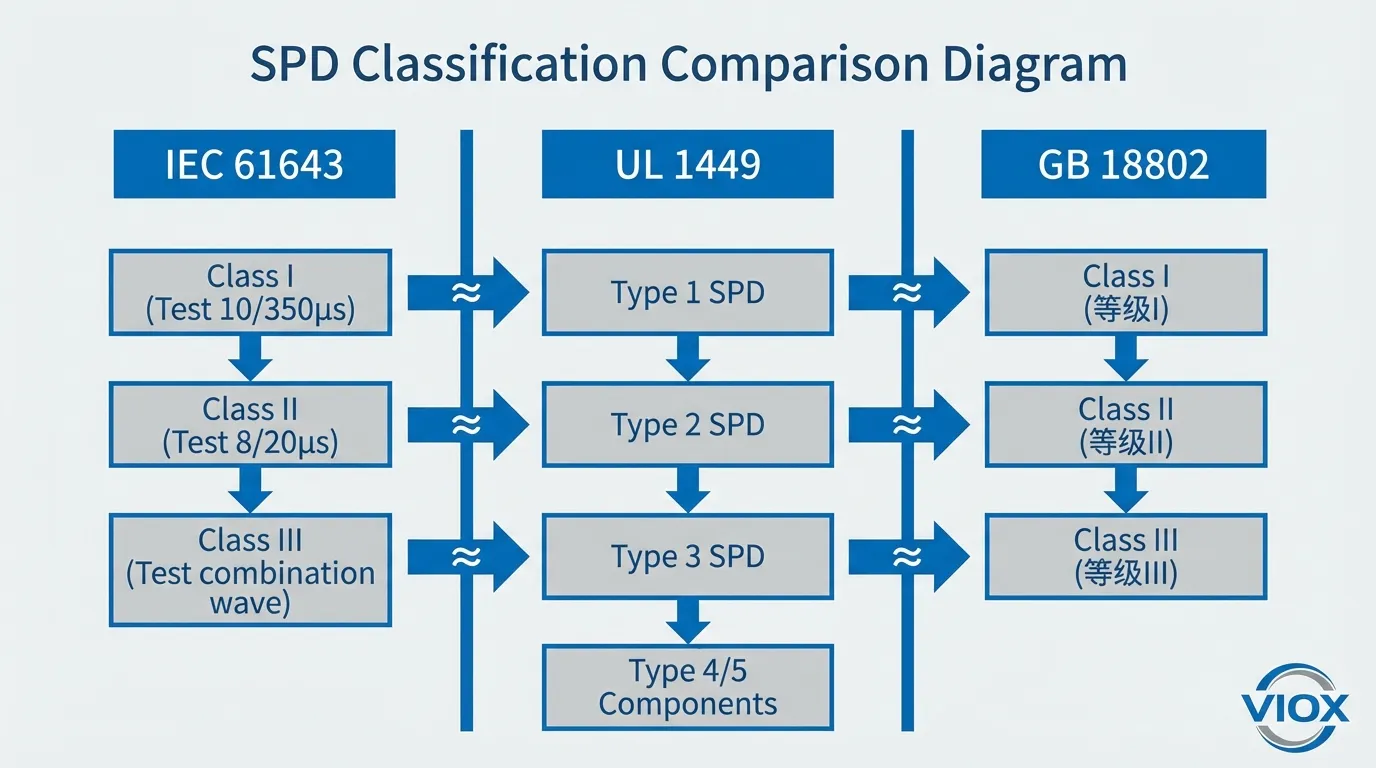 Diagramma di confronto della classificazione SPD: IEC 61643 vs UL 1449 vs GB 18802
