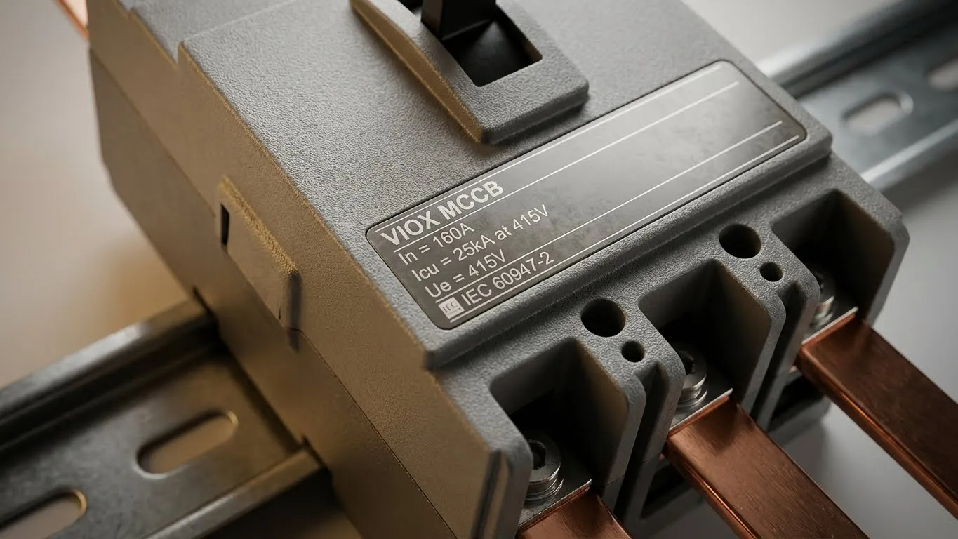 ภาพระยะใกล้ของแผ่นป้ายชื่อ VIOX MCCB แสดงกระแสไฟฟ้าที่กำหนด ความสามารถในการตัดกระแส และข้อกำหนดการรับรอง IEC 60947-2