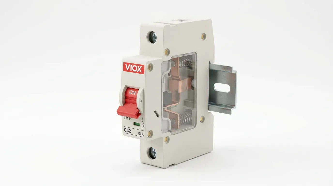 흰색 배경에 토글 스위치, 투명 창 및 DIN 레일 클립이 있는 VIOX 소형 회로 차단기 MCB C32 6kA의 클로즈업