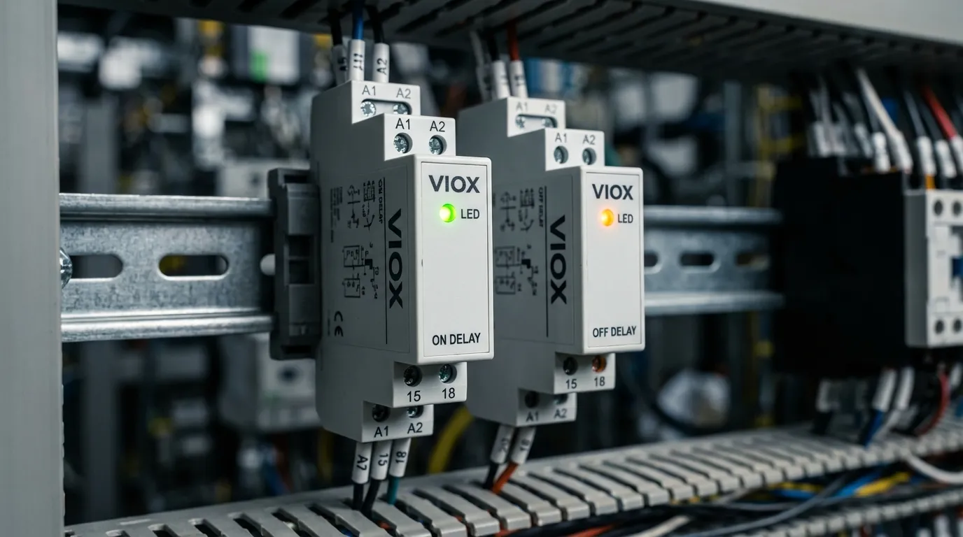Primer plano de los relés de tiempo de retardo a la conexión y retardo a la desconexión de VIOX montados en un riel DIN con marcas de terminales visibles