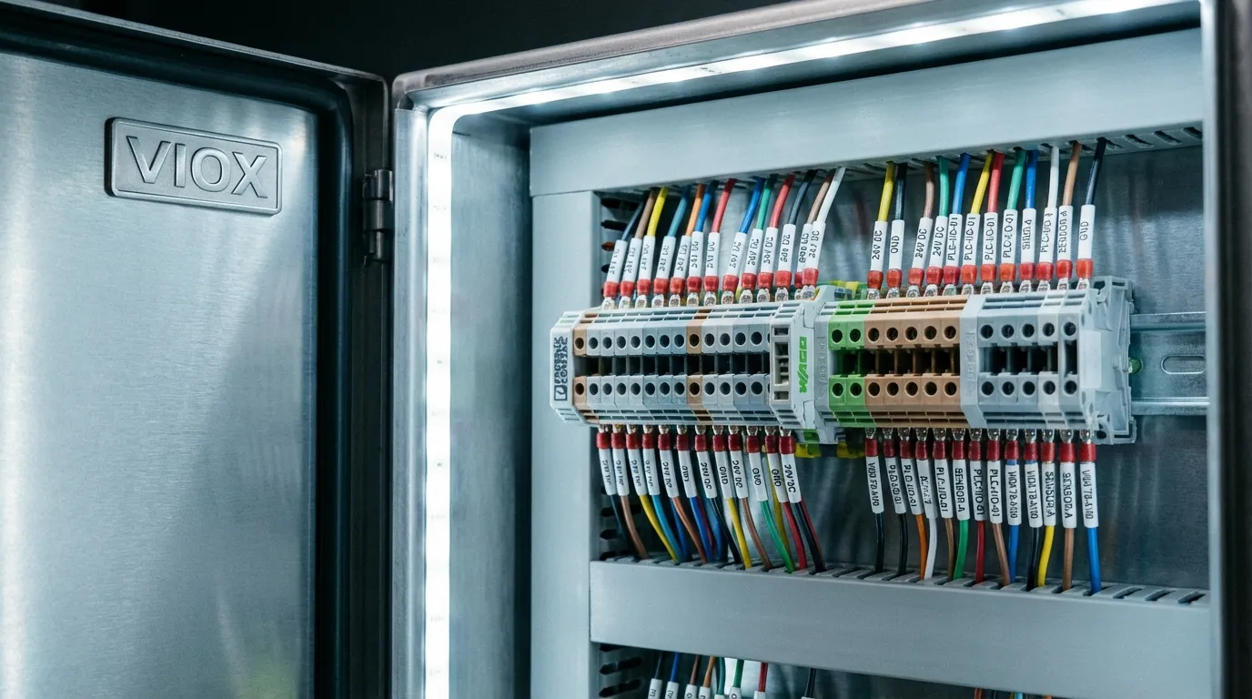 একটি VIOX টার্মিনাল বক্সের ভিতরের ম্যাক্রো ক্লোজ-আপ শট একটি DIN রেলে মাউন্ট করা উচ্চ-মানের টার্মিনাল ব্লক দেখাচ্ছে।.