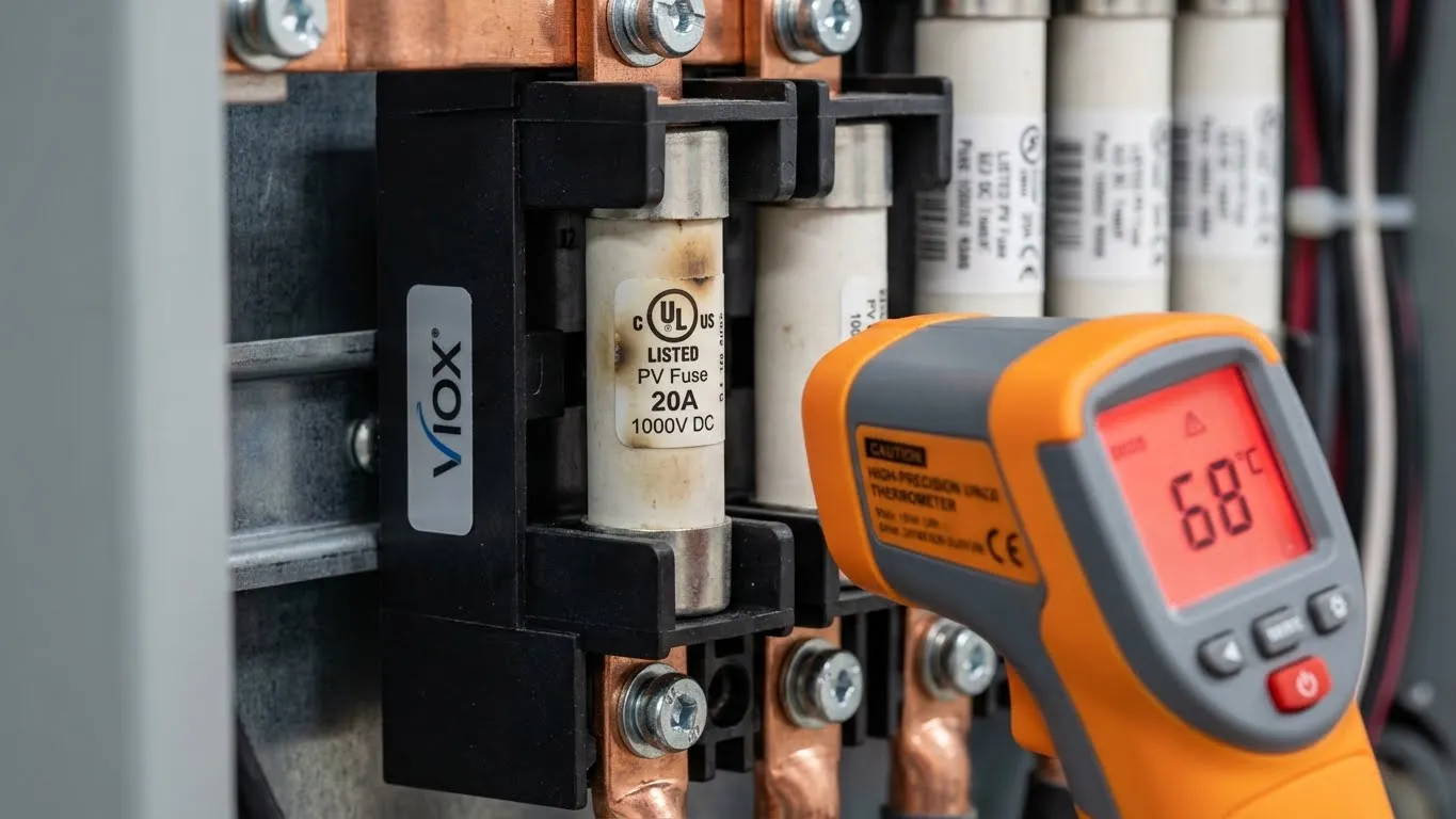 VIOX ပေါင်းစပ်ဘူး gPV ဖျူးစ်၏ အနီးကပ်ပုံသည် 20A အဆင့်သတ်မှတ်ထားပြီး 68C တွင် အပူချိန်တိုင်းတာမှုကို ပြသထားပြီး အပူချိန်လျှော့ချသည့် အကျိုးသက်ရောက်မှုများကို သရုပ်ပြထားသည်