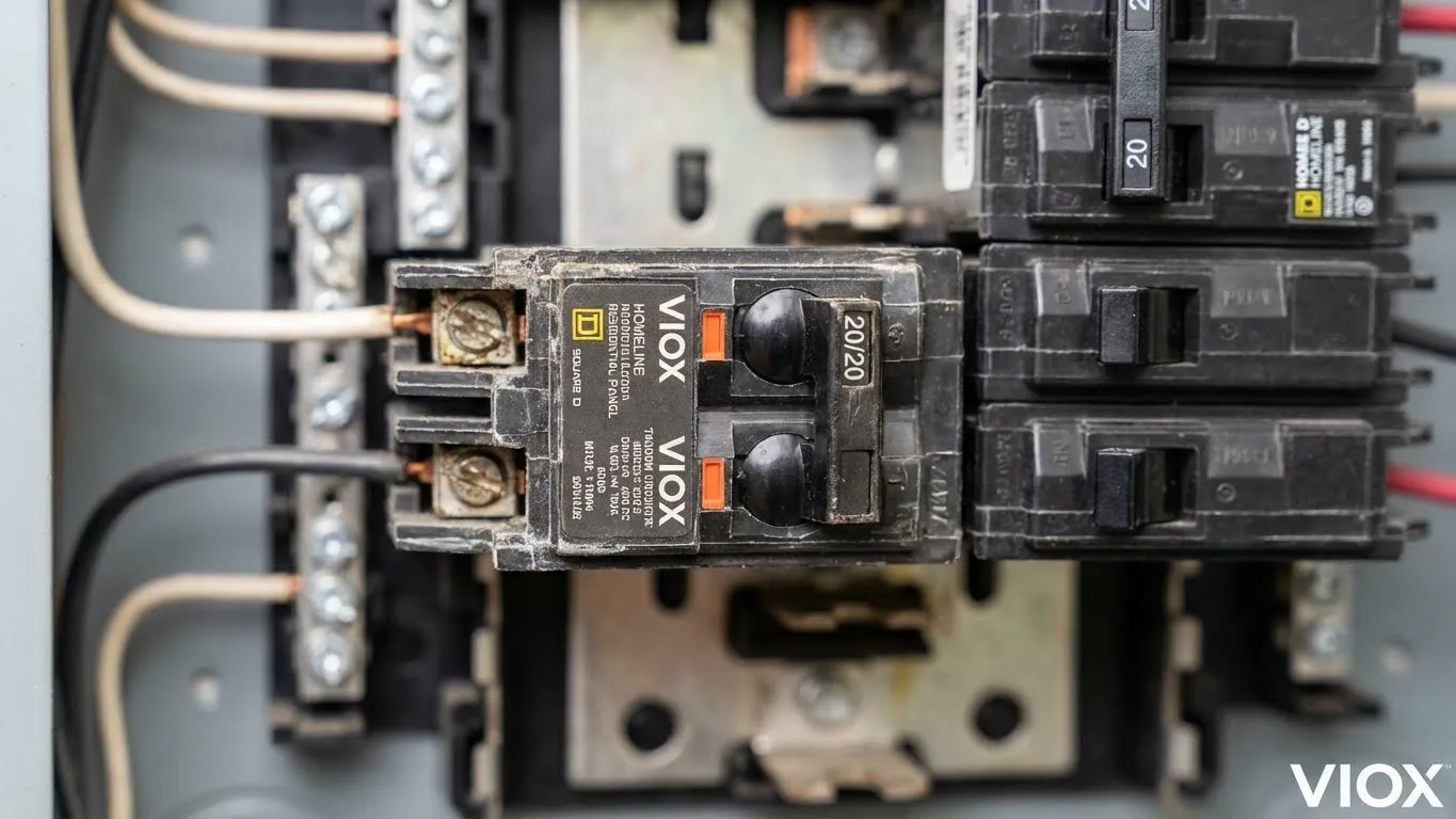 Gros plan d’un disjoncteur tandem VIOX installé dans un panneau électrique
