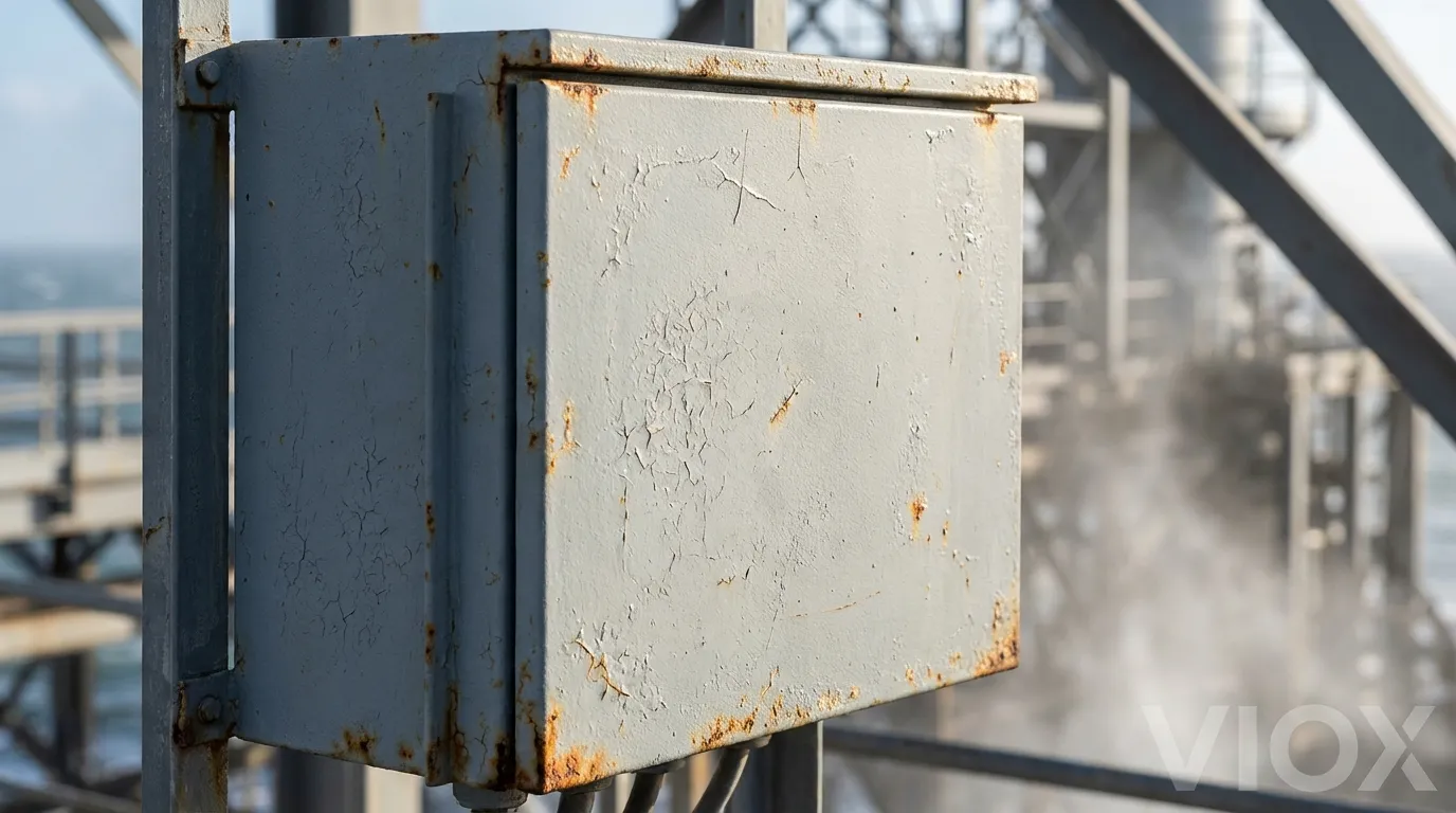 ภาพระยะใกล้ของตู้ไฟฟ้าที่เป็นสนิม แสดงให้เห็นการกัดกร่อนสีส้มและสีที่ลอกออกหลังจากสัมผัสกับชายฝั่ง C4 เป็นเวลา 3-4 ปี