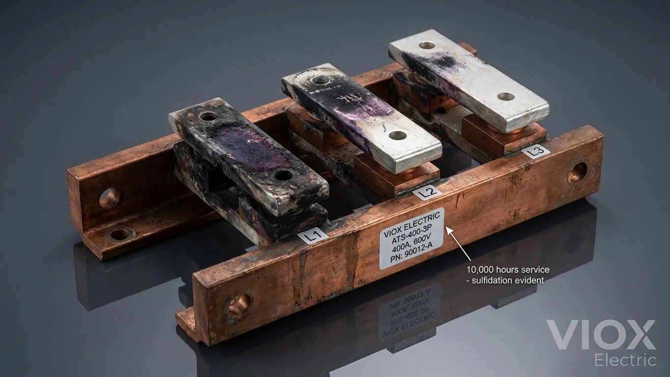 Primer plano del conjunto de contactos ATS trifásico que muestra la oxidación negra y la decoloración del sulfuro de plata