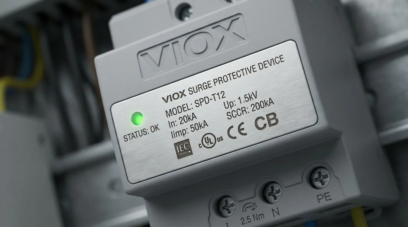 Targhetta del limitatore di sovratensione VIOX che mostra la conformità IEC 61643 e UL 1449 con le specifiche tecniche