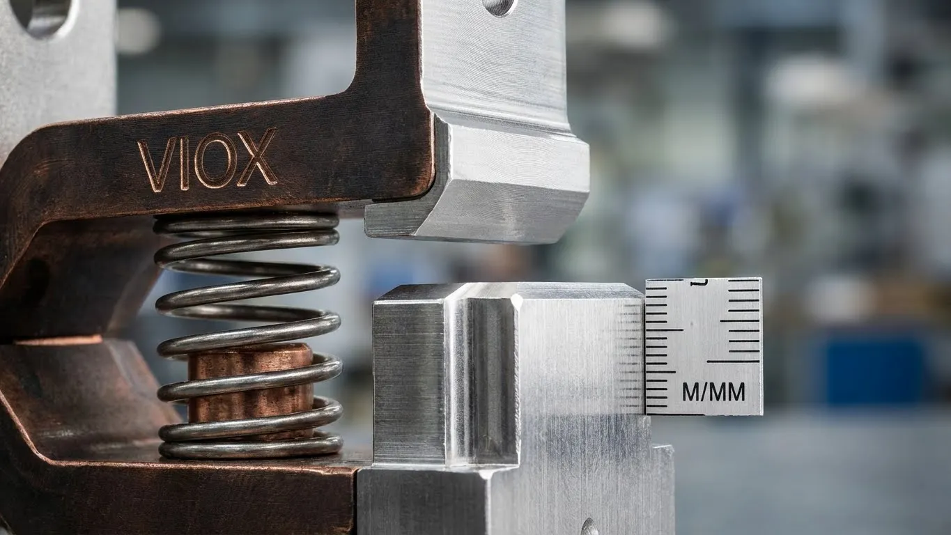 Vue rapprochée des contacts électriques en tungstène argenté du TSA VIOX avec un mécanisme à ressort assurant une faible résistance de contact