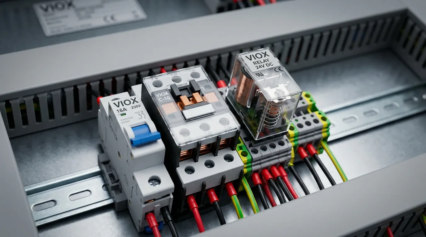 Widok z bliska komponentów przemysłowej szafy sterowniczej, w tym wyłączników automatycznych, styczników, przekaźników i listew zaciskowych zamontowanych na szynie DIN - VIOX Electric