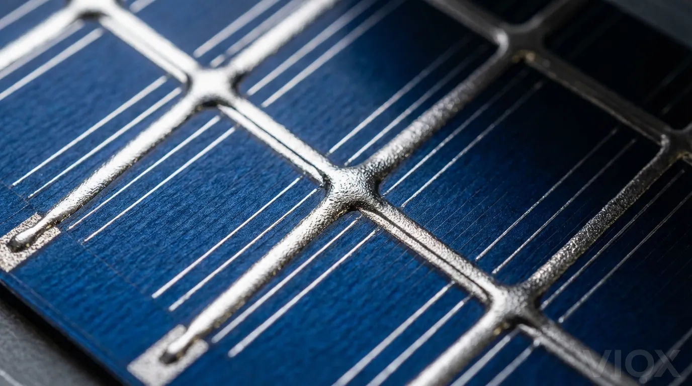 عرض مقرب لنمط شبكة معجون الفضة على خلية شمسية من السيليكون البلوري يوضح هيكل قطب معالجة المعادن