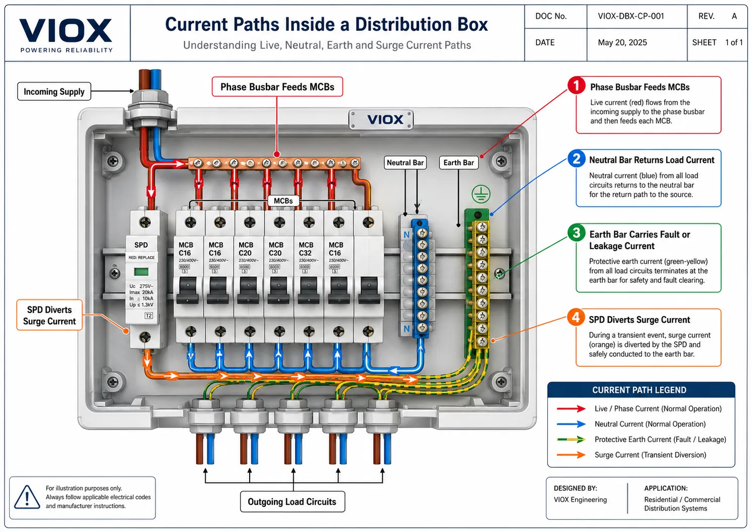 Color-coded distribution box current path diagram mapping the phase busbar, neutral bar, earth bar, and SPD surge diversion paths
