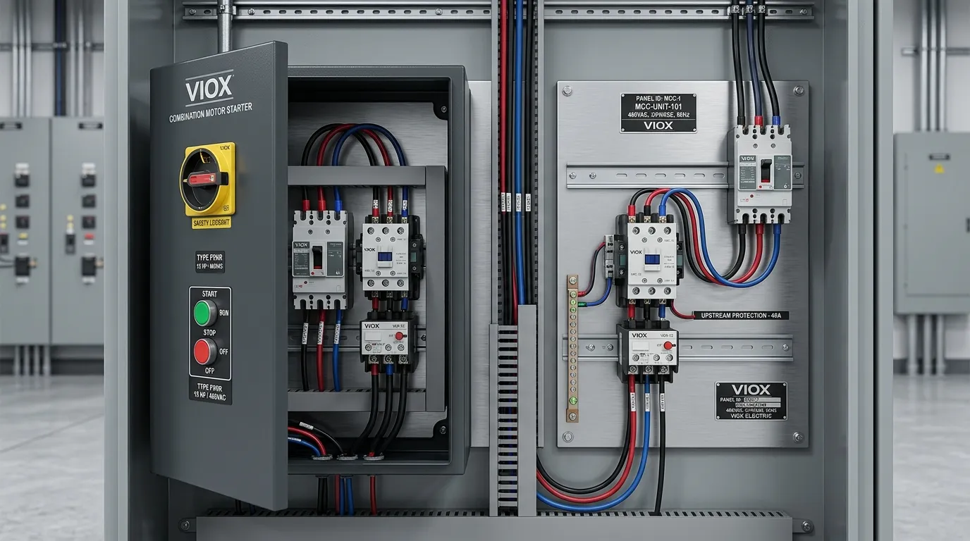 Combination starter and non-combination starter shown side by side in an industrial motor control panel
