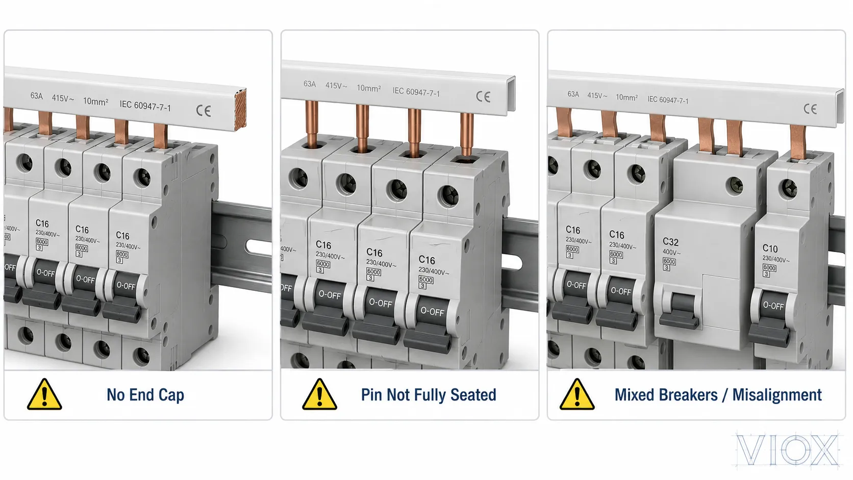 Common circuit breaker busbar installation mistakes including exposed cut end and misaligned terminals.