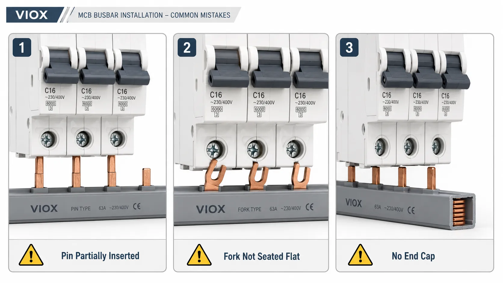 Common installation mistakes for pin and fork type busbars in circuit breaker panels.