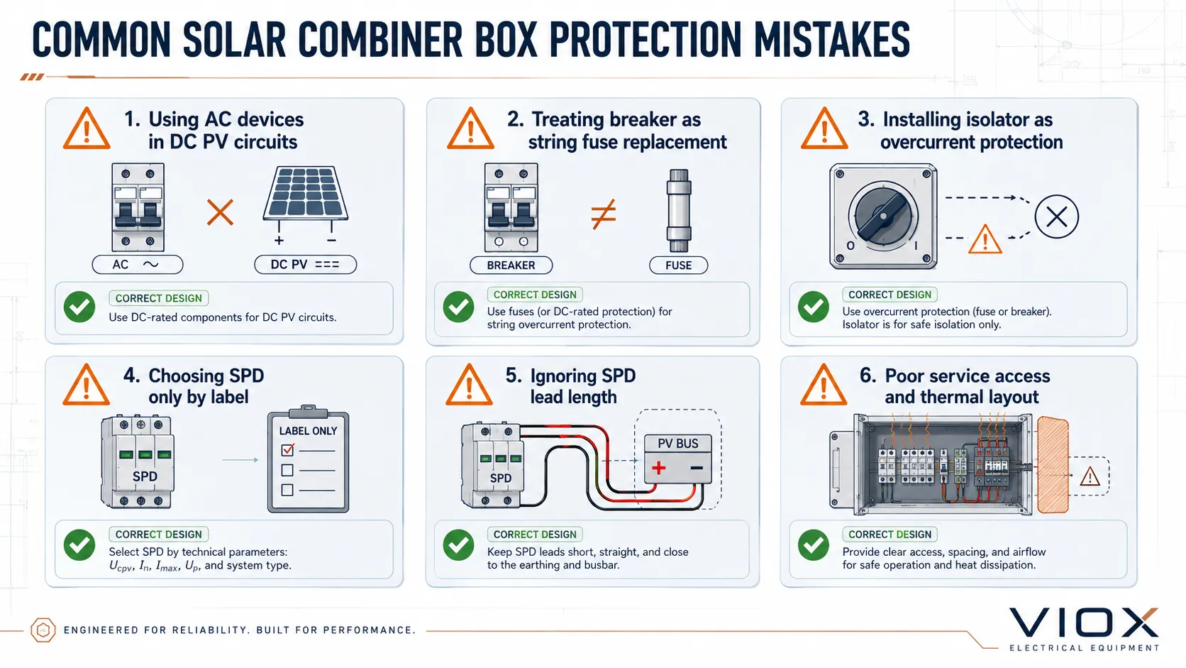 Common solar combiner box protection design mistakes involving AC devices, breakers, isolators, SPDs, and layout