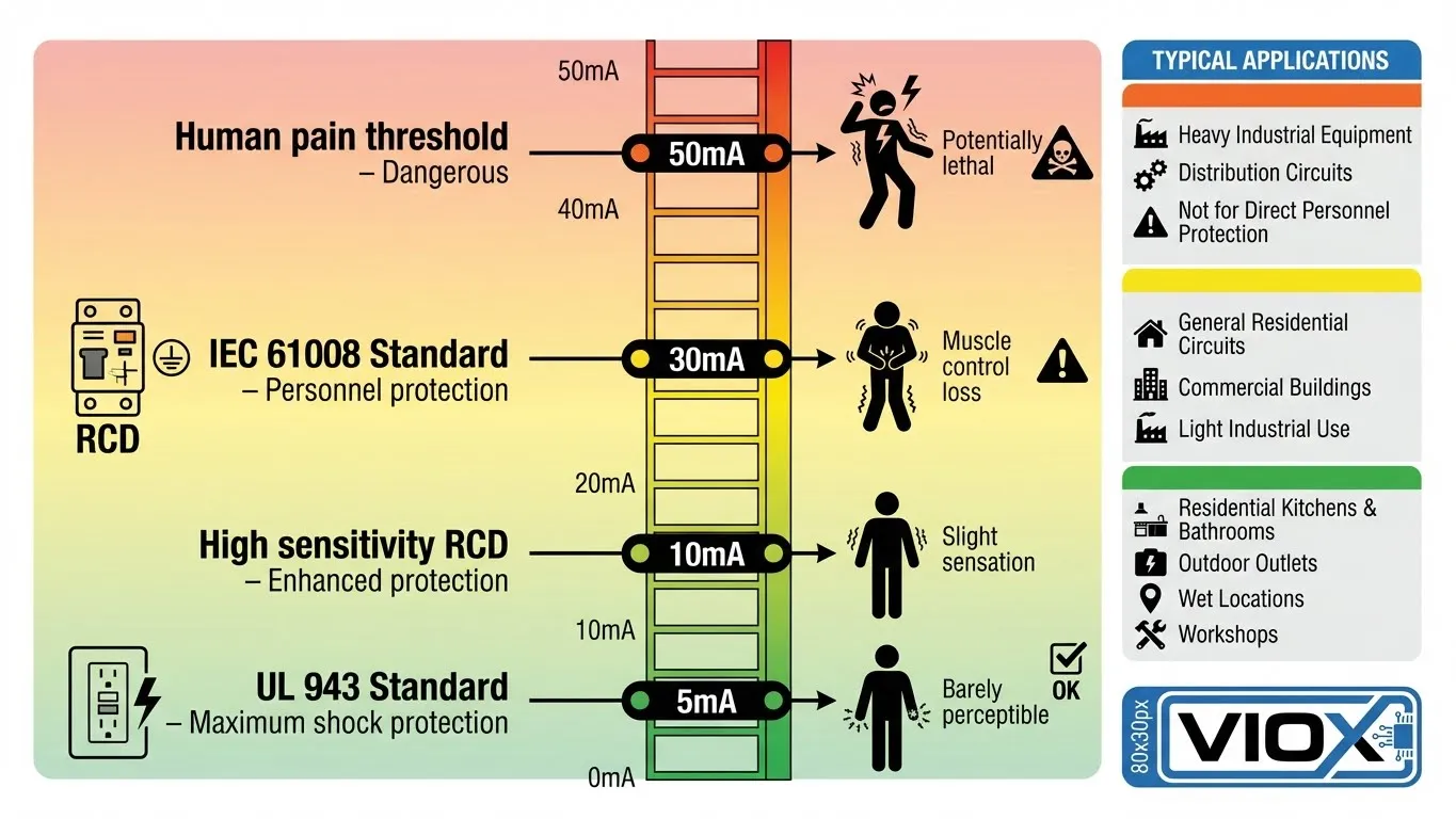 GFCI 5mA ile RCD 30mA açma eşiklerini, insan güvenliği etki alanlarını ve uygulama önerilerini gösteren karşılaştırmalı hassasiyet tablosu