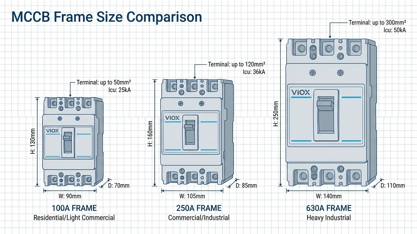 ภาพประกอบทางเทคนิคเปรียบเทียบขนาดเฟรม MCCB สามขนาดแสดงข้อกำหนดด้านมิติและการกำหนดค่าขั้วต่อ