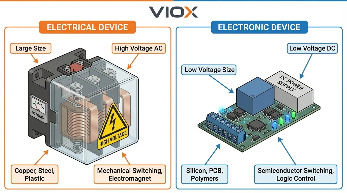 Comparative technical illustration showing size, construction, and operational differences between electrical and electronic devices