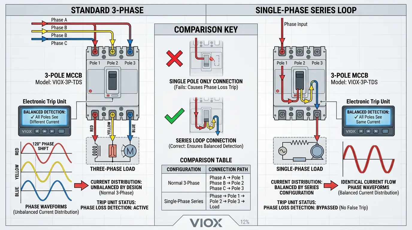 แผนภาพเปรียบเทียบ: การทำงานปกติ 3 เฟส เทียบกับ ลูปอนุกรมเฟสเดียว - แผนผังด้านข้างแสดงความแตกต่างของการกระจายกระแส