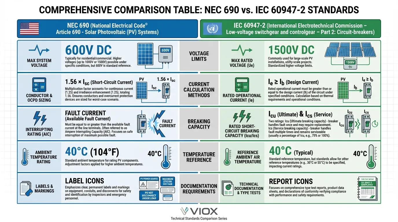 Comparison chart of NEC 690 versus IEC 60947-2 DC circuit breaker sizing standards with VIOX branding