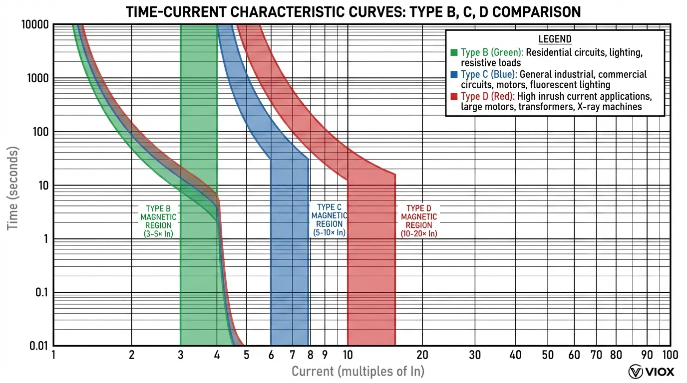 نمودار مقایسهای منحنیهای قطع VIOX نوع B C و D که آستانههای قطع مغناطیسی مختلف را برای کاربردهای مختلف نشان میدهد