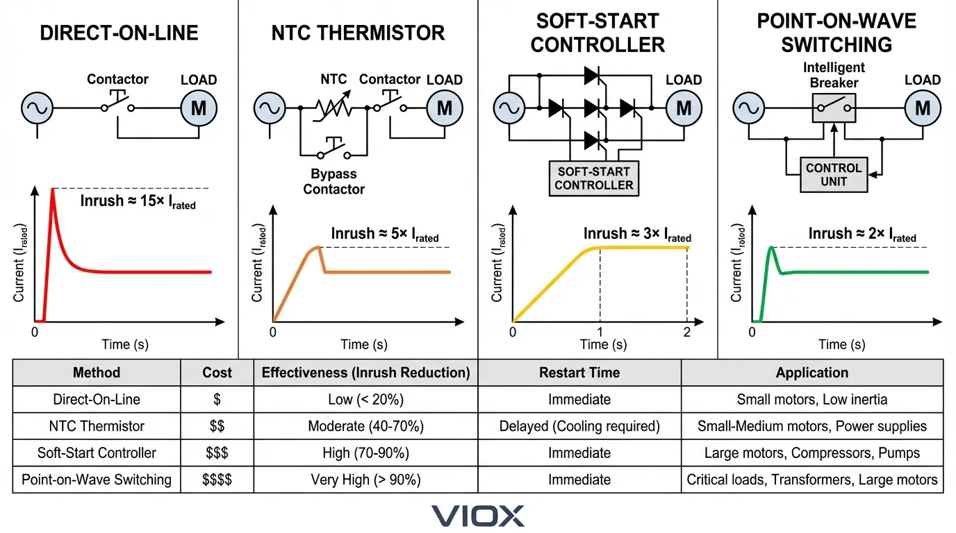 Comparison chart of inrush current mitigation methods showing effectiveness of NTC thermistors, soft-start, and controlled switching