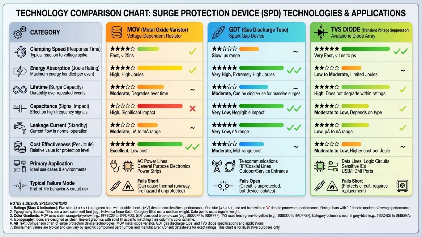 MOV, GDT és TVS dióda technológiák összehasonlító táblázata