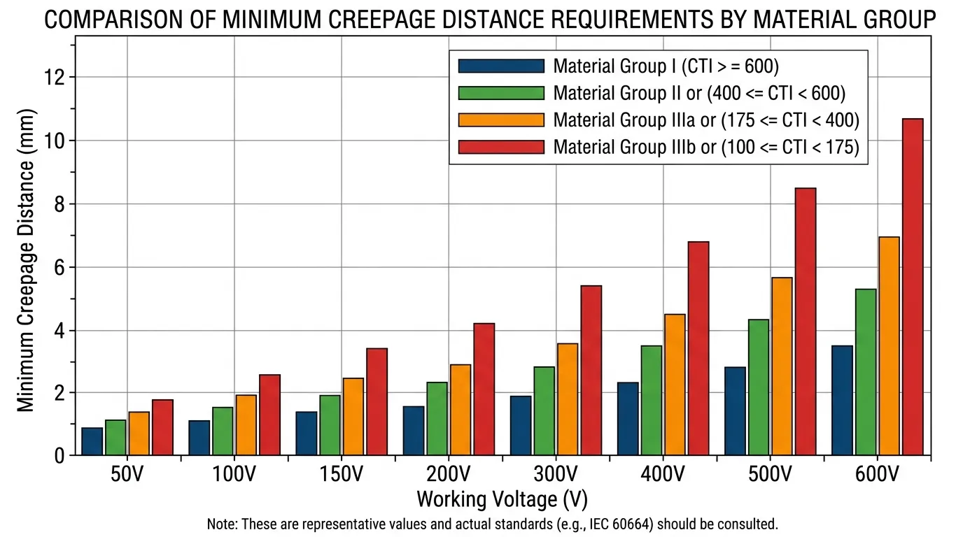 Gráfico de comparação mostrando como diferentes grupos de materiais CTI afetam os requisitos mínimos de distância de fuga
